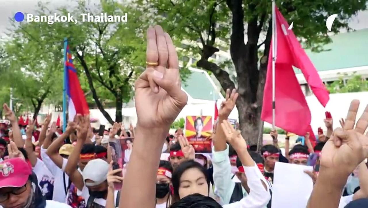 Myanmar anti-junta protesters rally in Bangkok