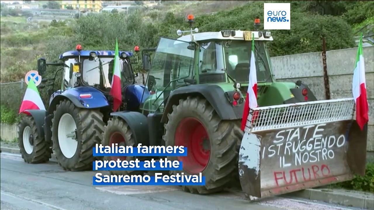 Italian farmers protest at Sanremo music festival, while roadblocks continue in Bulgaria and Spain