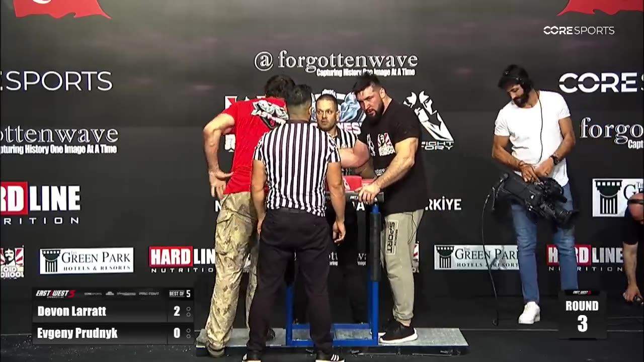 Devon larrart vs Evgeny Prudnyk East vs west arm wrestling world Heavyweight