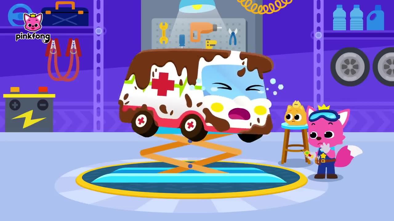 PINKFONG ! WHERE ARE YOU HURTING ! POLICE CAR WHEEL BROKEN ! PINKFONG CAR HOSPITAL ! PINKFONG CAR !