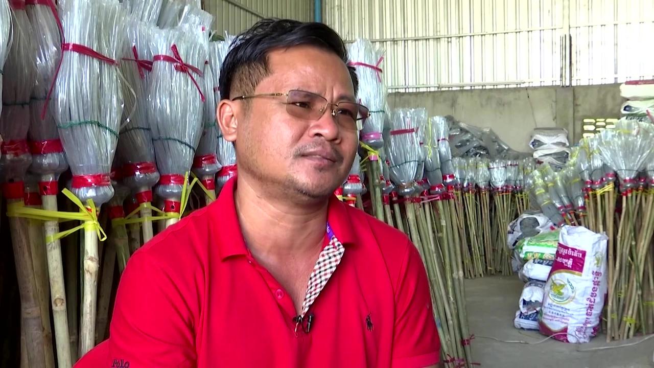 Spinning plastic bottles into brooms in Cambodia