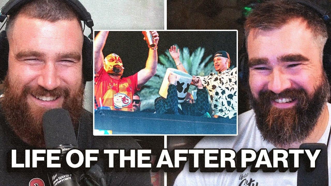 Travis can't stop laughing at clips of Jason dancing in Luchador mask from Chiefs after party