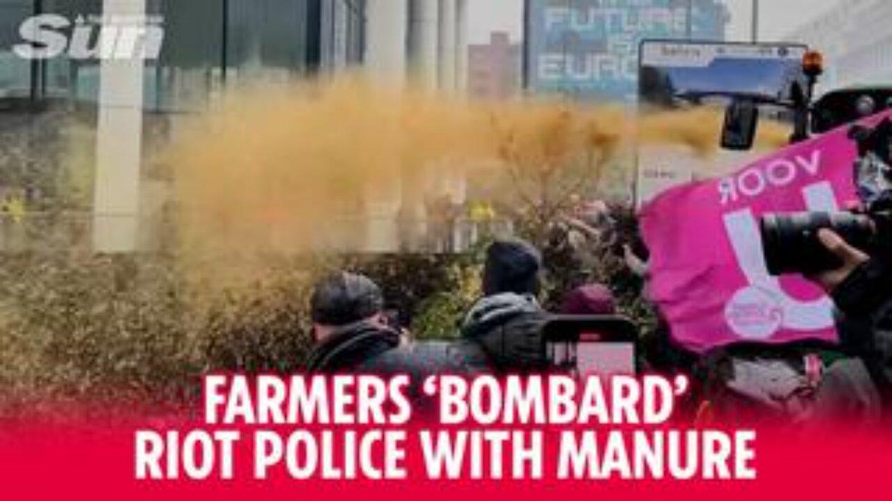 Protesting farmers 'bombard' Riot police with manure as they clash in Brussels