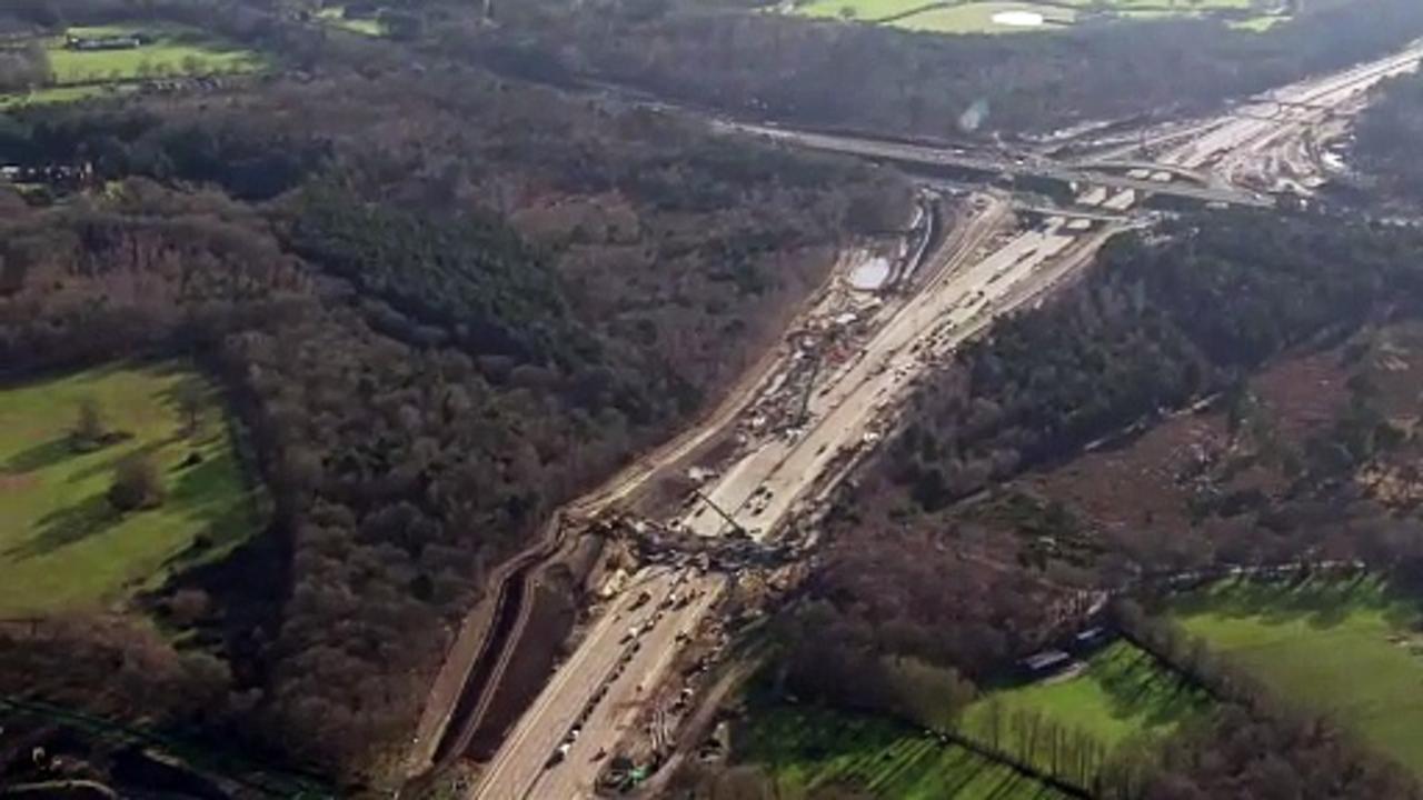 Aerials show closed M25 motorway section and road works