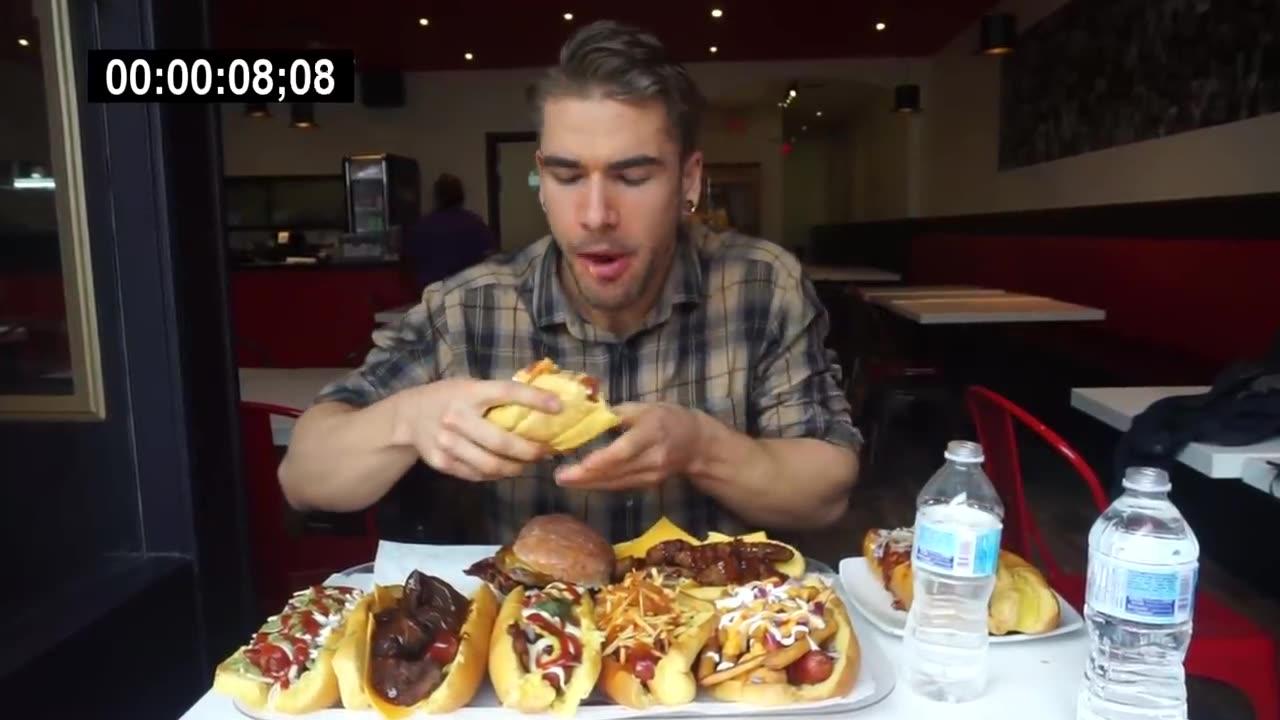 GIANT HOT DOG CHALLENGE Chili Cheese Dogs, Loaded Hot Dogs Man Vs Food