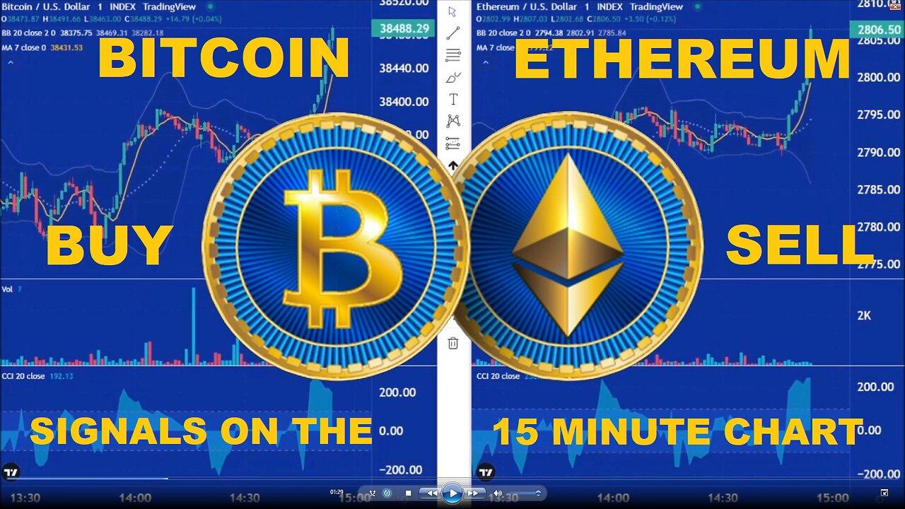 LIVE Bitcoin + Ethereum - Buy + Sell Signals - 15 Minute Chart