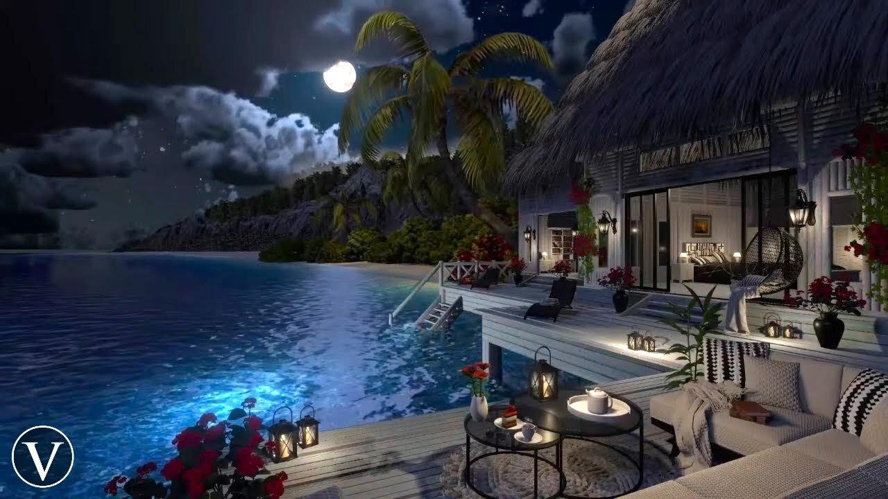 Maldives Beach Hut Night Ambience | Ocean Waves & Tropical Nature Sounds