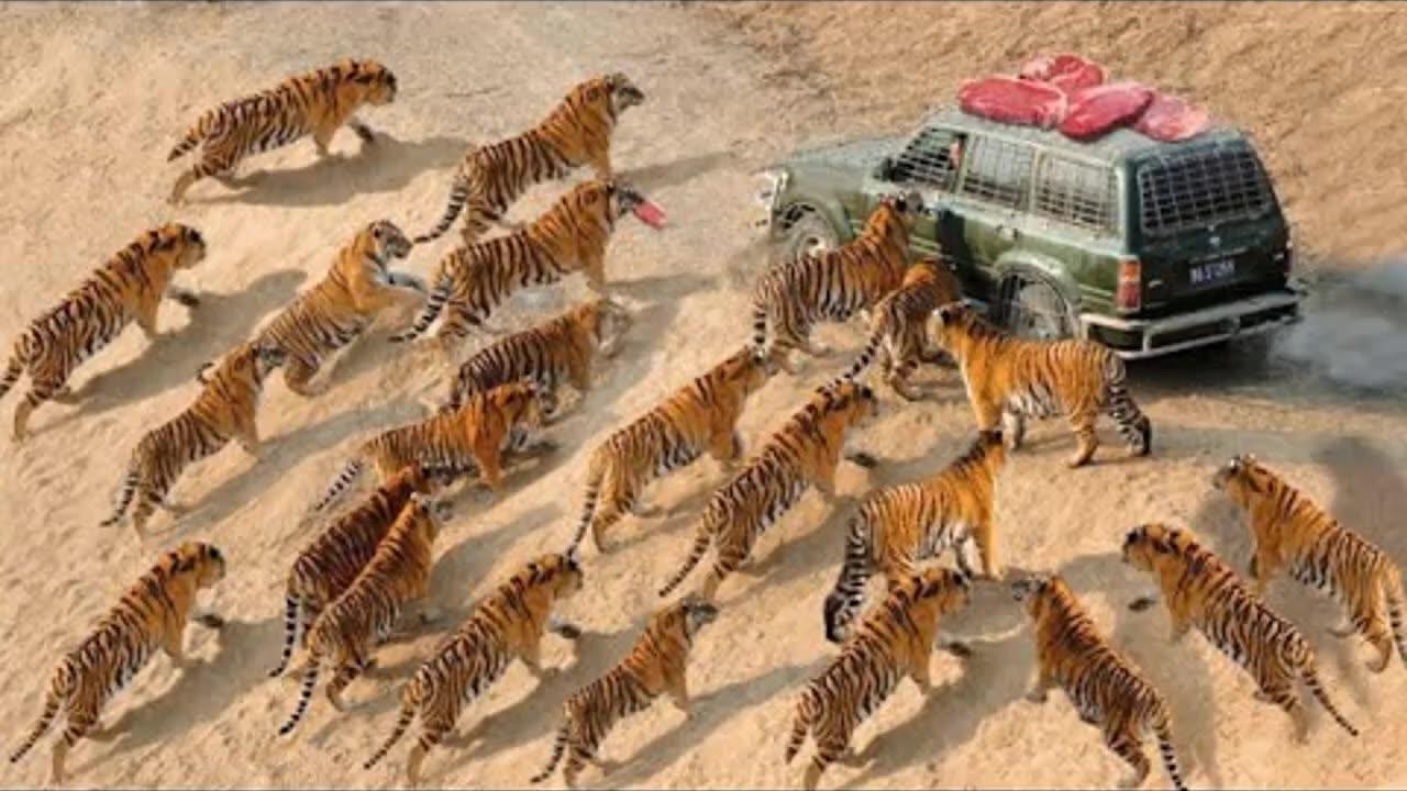 Rage Of Wild Animals. Rebellious Animals Attack Cars And Tourists, Causing Everyone to Run Away
