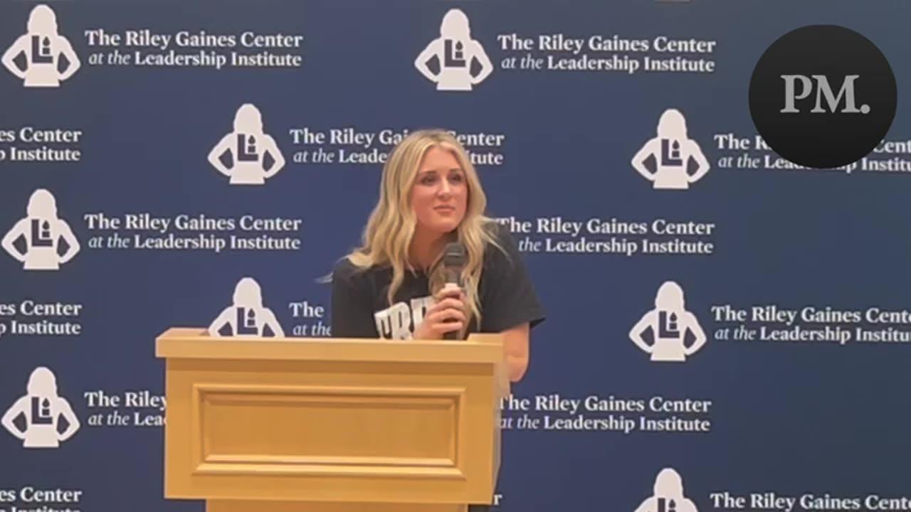 Riley Gaines at TPUSA event calling out Utah Gov. Spencer Cox for vetoing transgender sports bill