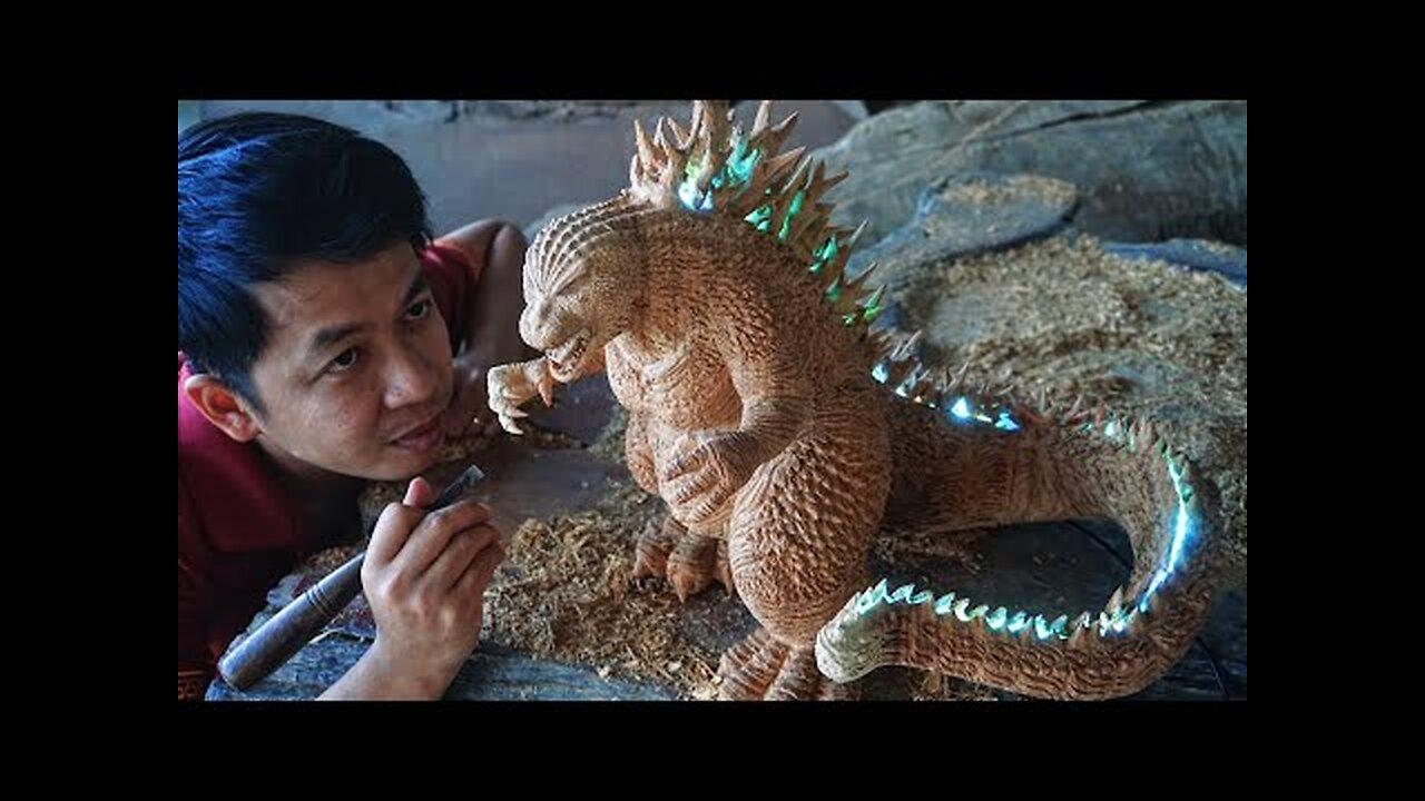 - Minus One. it took 4 weeks for us to make.  Carving Godzilla wooden statue from movie Godzilla