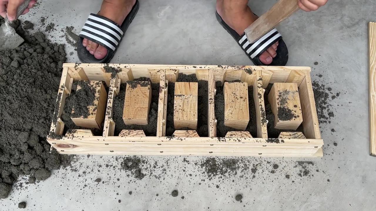 Cast five Bricks With Holes At The Same Time From Wooden & Cement Molds