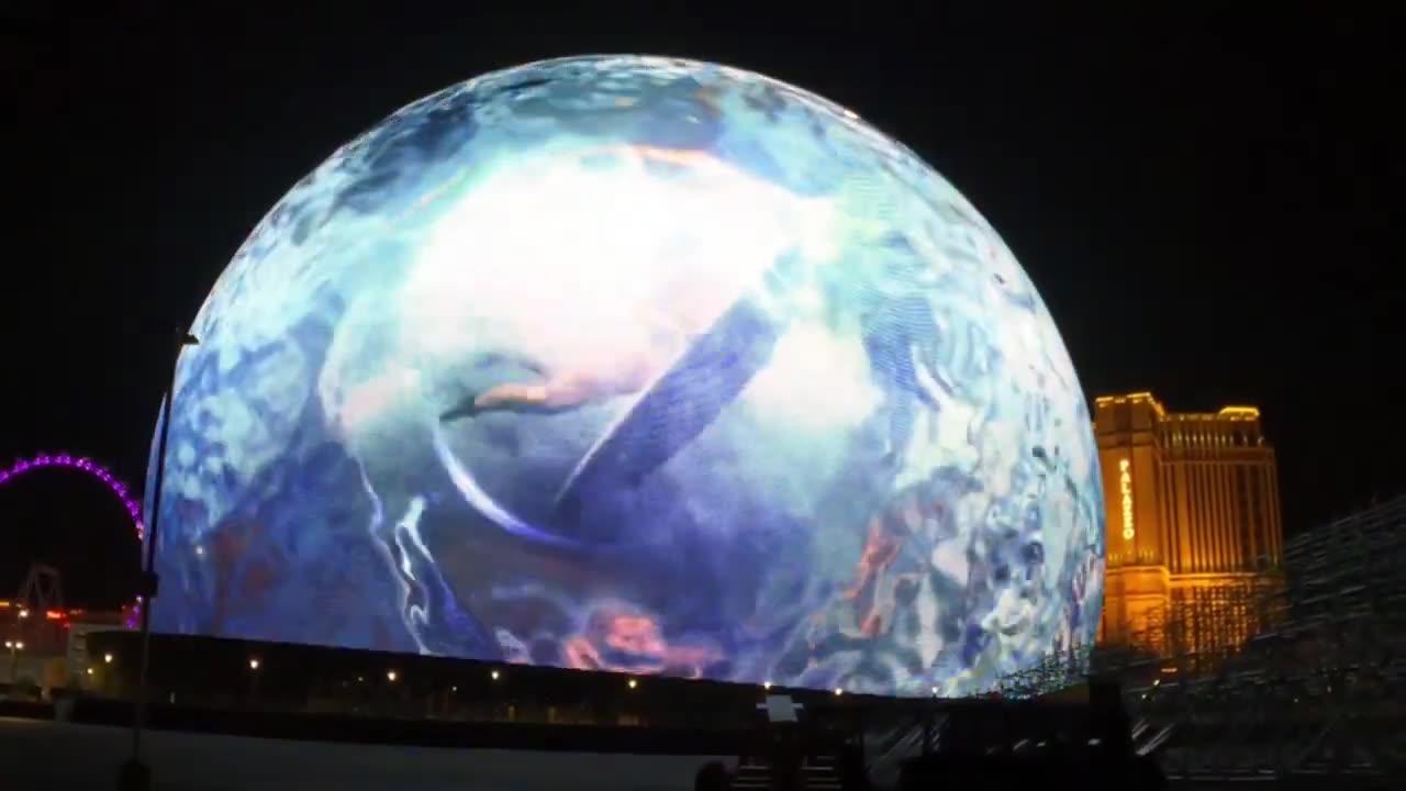 Las Vegas Sphere exterior free show: Waterworld and the creatures within it, including a big eye
