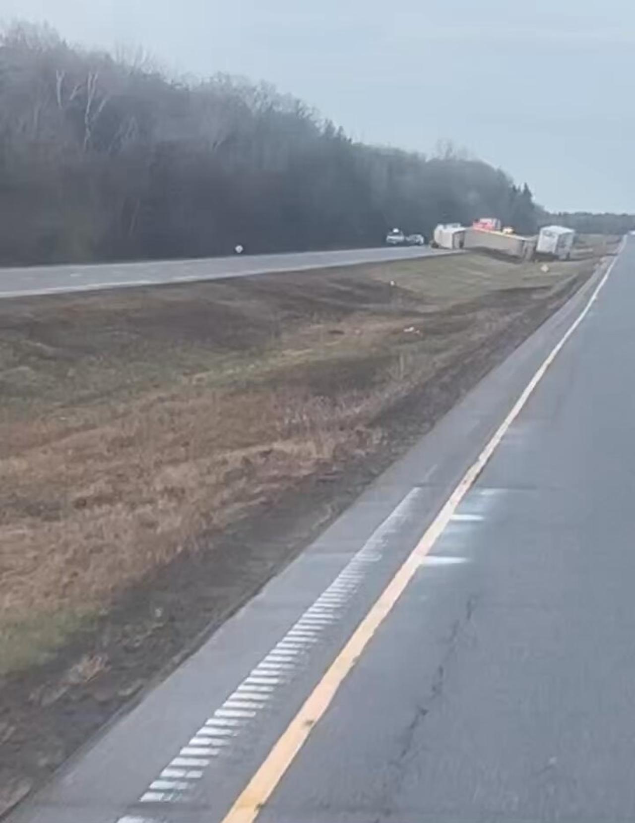 Truck rollover on highway 401 in johnstown ontario