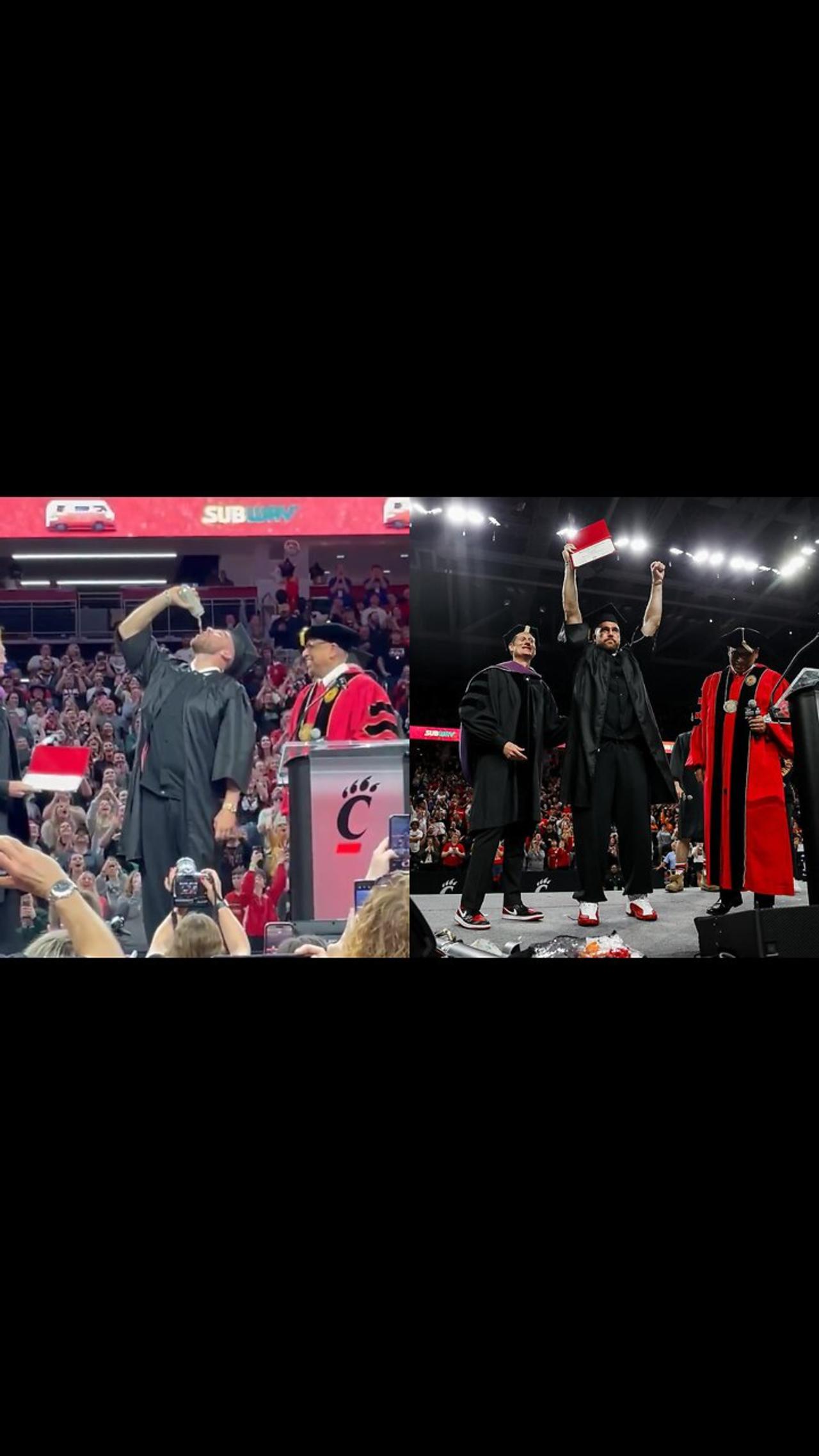 Travis Kelce Chugs Glass Of Beer As He Accepts College Diploma From the University of Cincinnati