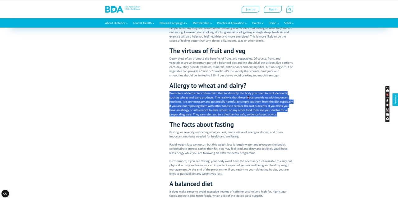 How the UK dieticians association (BDA) say detox is a myth and doesnt exist