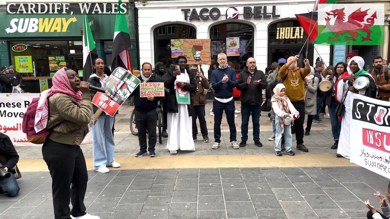 Global March for Sudan and Palestine, St Mary Street McDonalds, Cardiff Wales