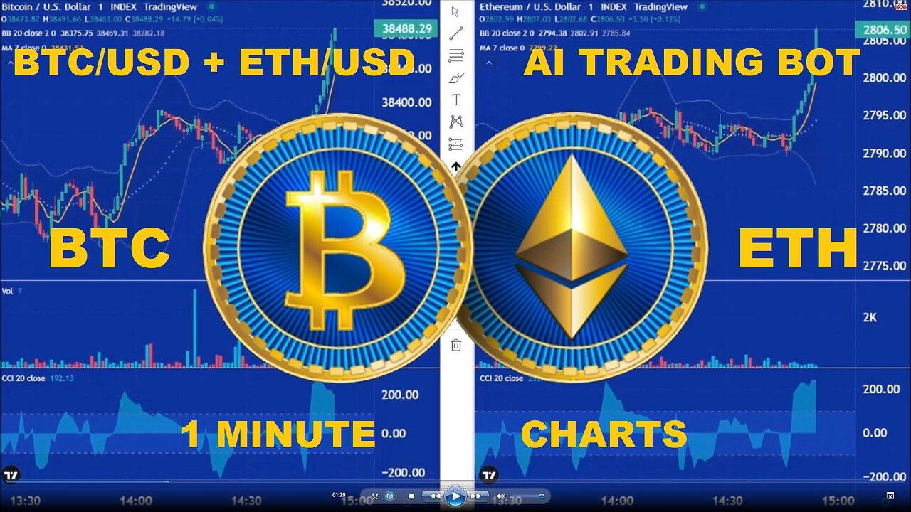 LIVE - Bitcoin + Ethereum - 1 Minute Charts - AI Trading Bot