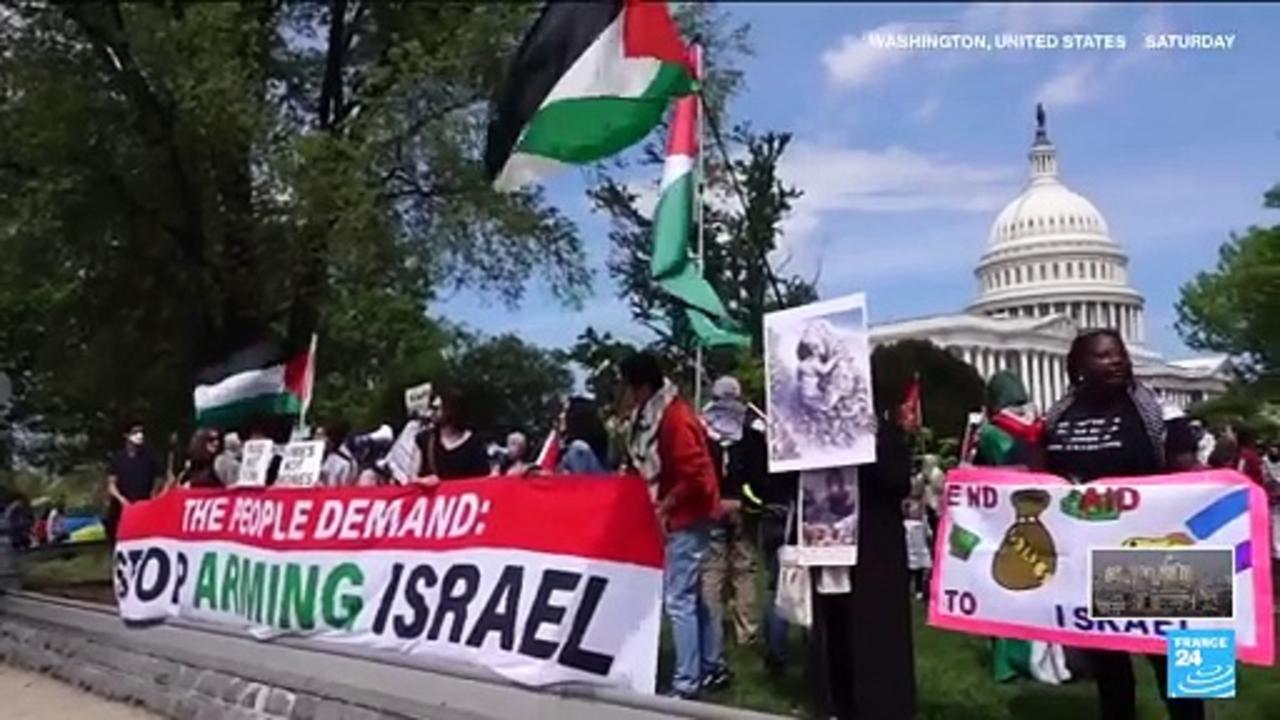 Demonstrators gather outside US Capitol to protest Israel aid bill