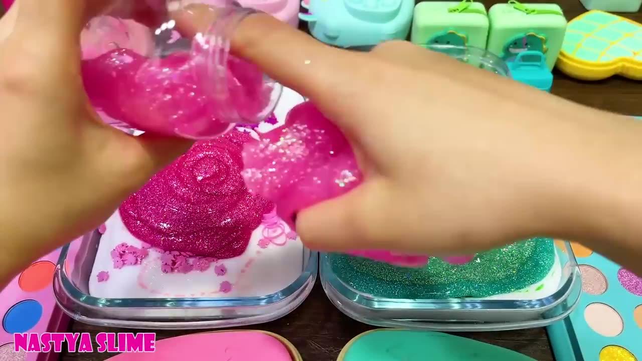 Pink vs Mint!!! Mixing random into GLOSSY slime!!!satisfing slime video