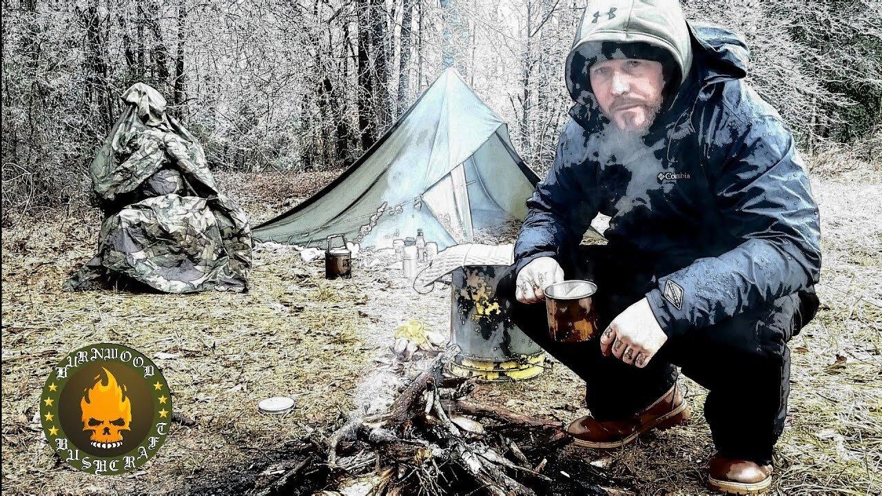 Camping In Sleet and Freezing Rain - Tarp Tent and Bacon