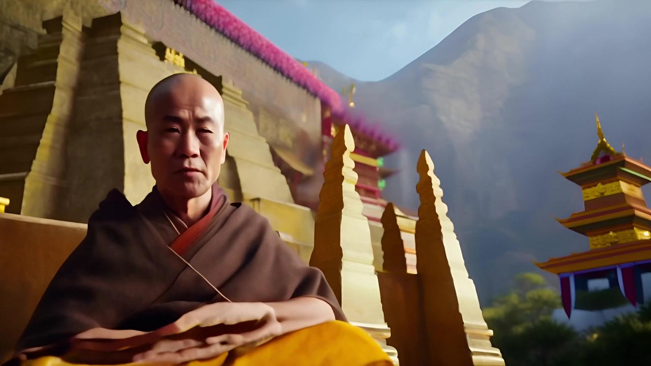 cinematic, a tibetan monk sitting in a temple on a mountain