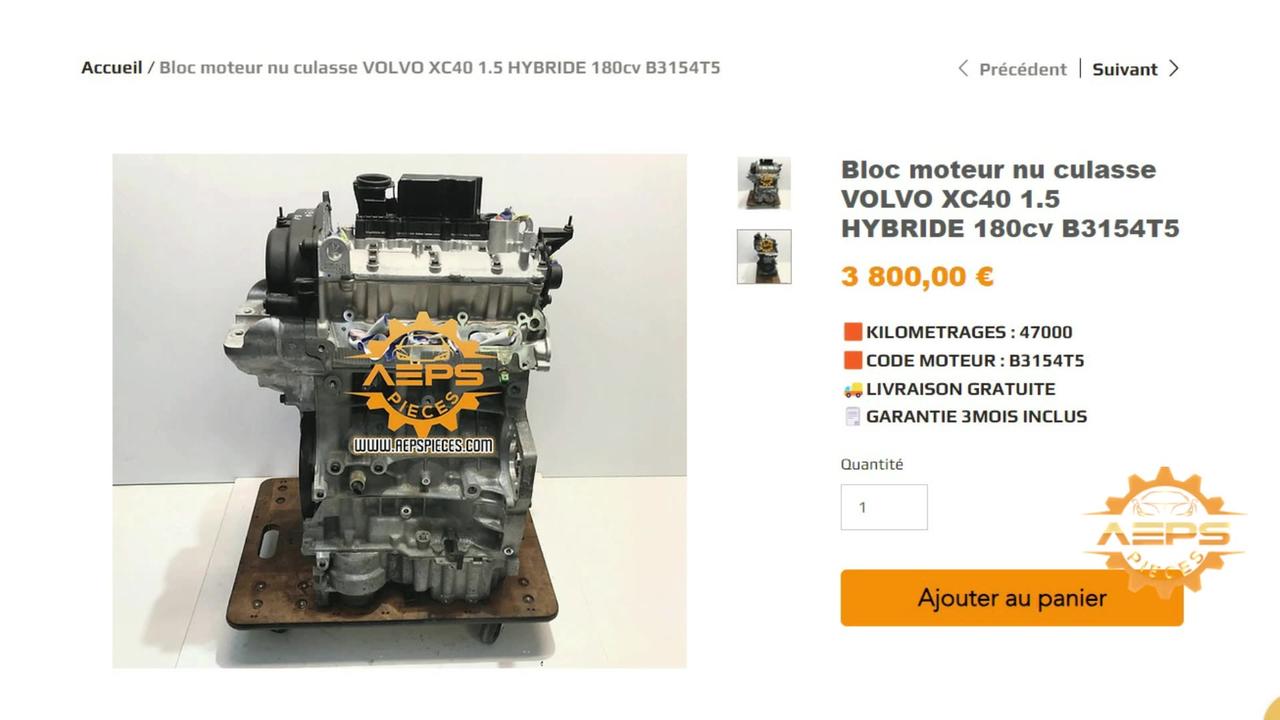 AEPSPIECES.COM - Bloc moteur nu culasse VOLVO XC40 1.5 HYBRIDE 180cv B3154T5