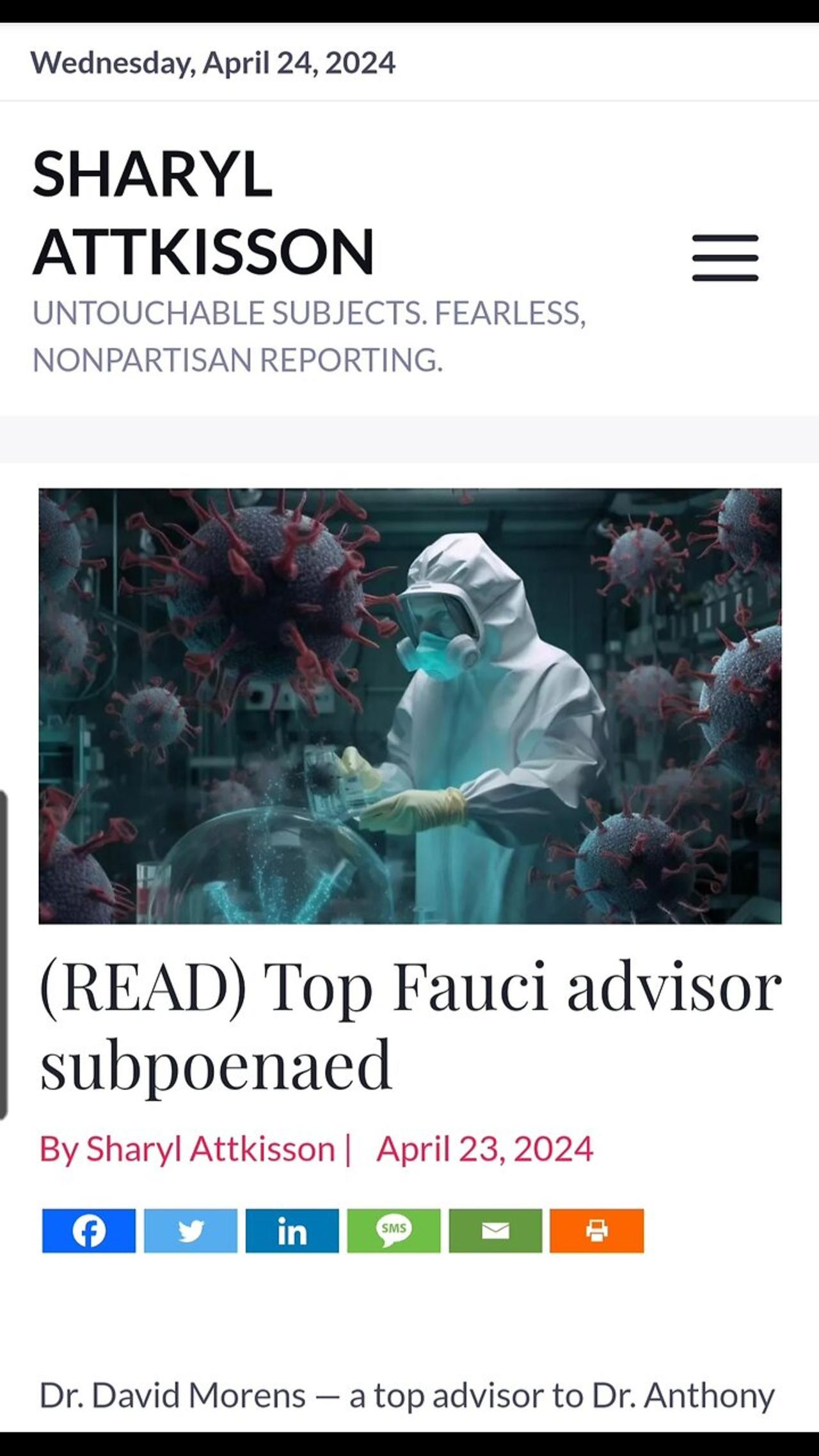 Fauci top advisor subpoenaed 4/24/2024