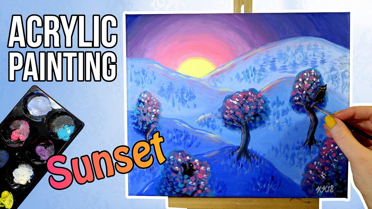 Blue Acrylic Mountain Sunset Landscape Painting with Colorful Trees