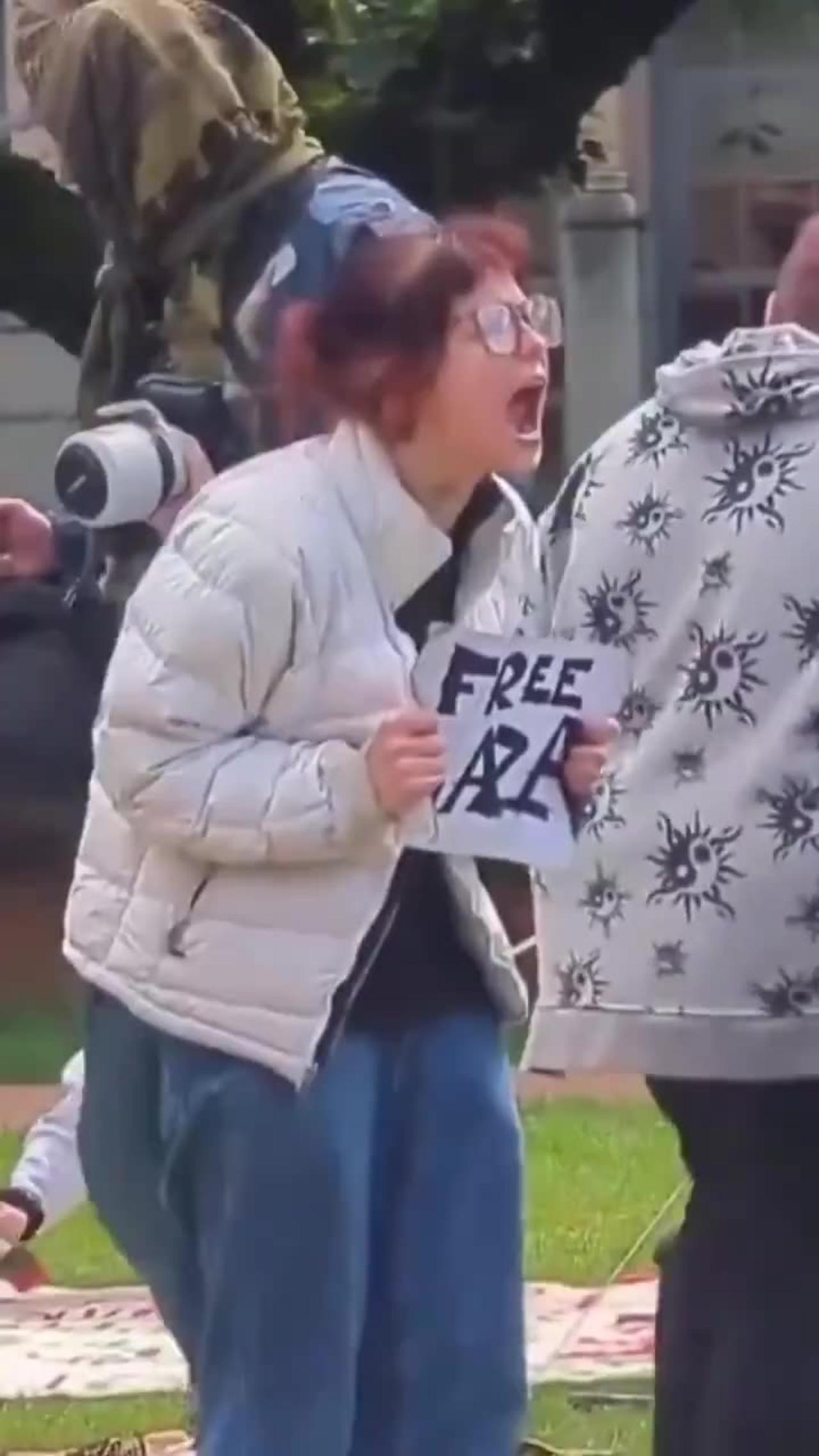 Free Gaza activist screams like a rabid animal after being triggered by an Israeli flag