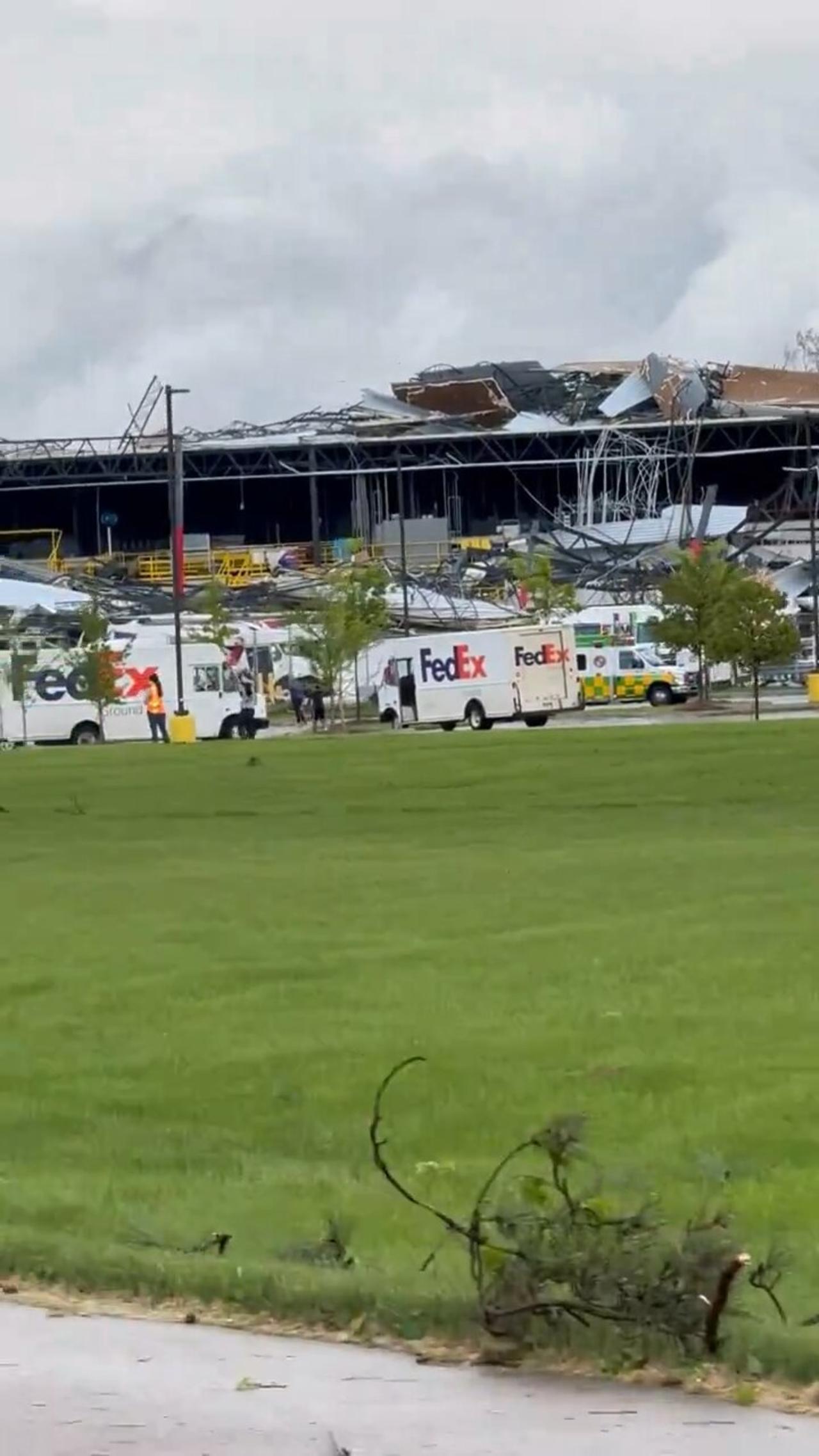 FedEx facility in Michigan, was significantly damaged following a direct strike from a large tornado