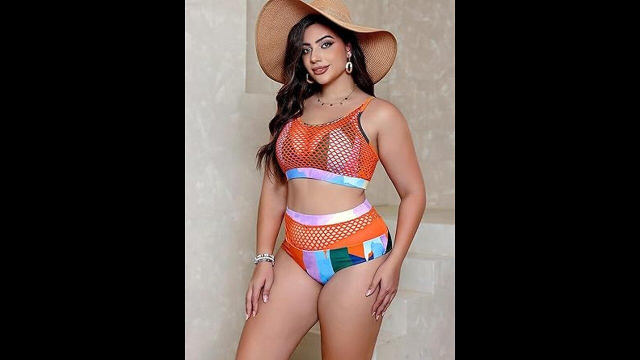 Traje de baño de talla grande para mujer, conjunto de bikini de cintura alta con rejilla, traje Rave