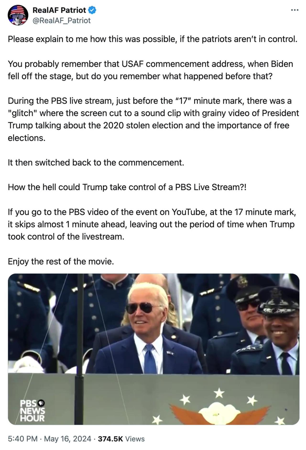 PBS Biden live stream,17min, Glitch~Trump talks of Stolen 2020 Election
