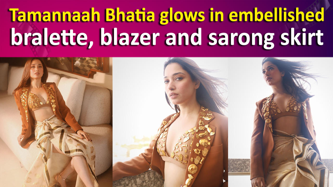 Tamannaah Bhatia oozes glam in blazer and bralette adorned with golden mascots