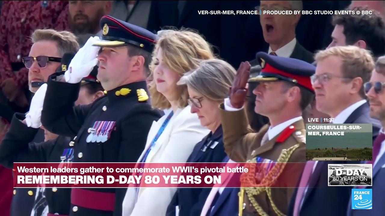 French, UK anthems play at British D-Day ceremony as Red Arrows soar