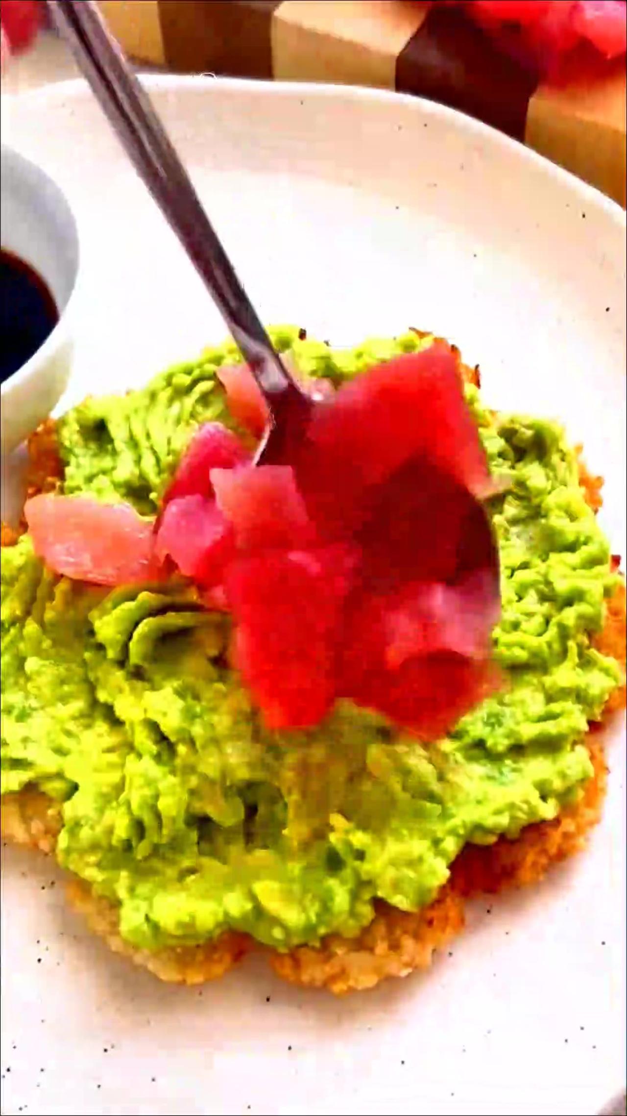 Spicy Tuna Crispy Rice Waffles with Crushed Avocado and Cucumber