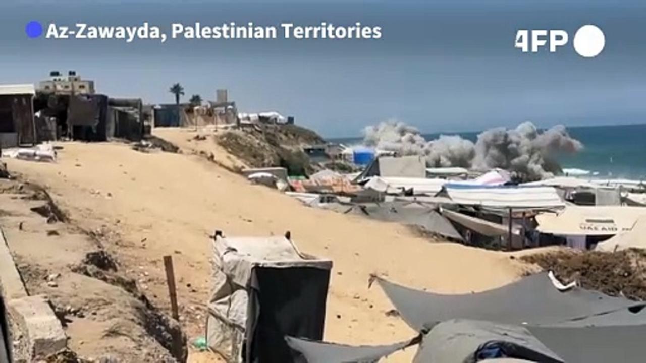 Moment an Israeli strike hits Gaza's Az-Zawayda beach