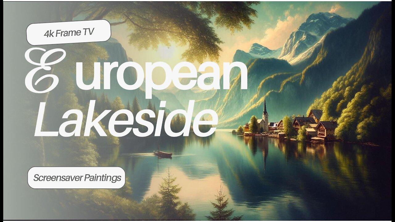 Lakeside Tranquility | European Lake, Church & Mountain Oil Painting Ambiance