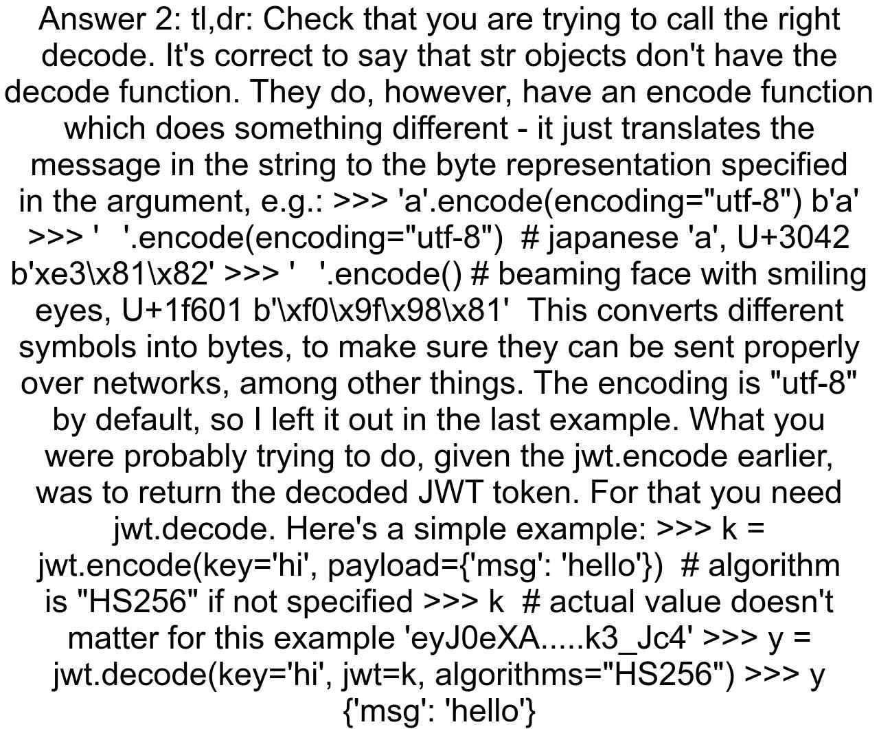 JWT decode AttributeError 39str39 object has no attribute 39decode39