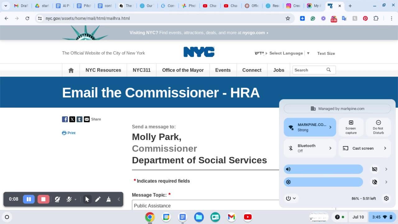 Email to the New York City Human Resources Administration about Access HRA.