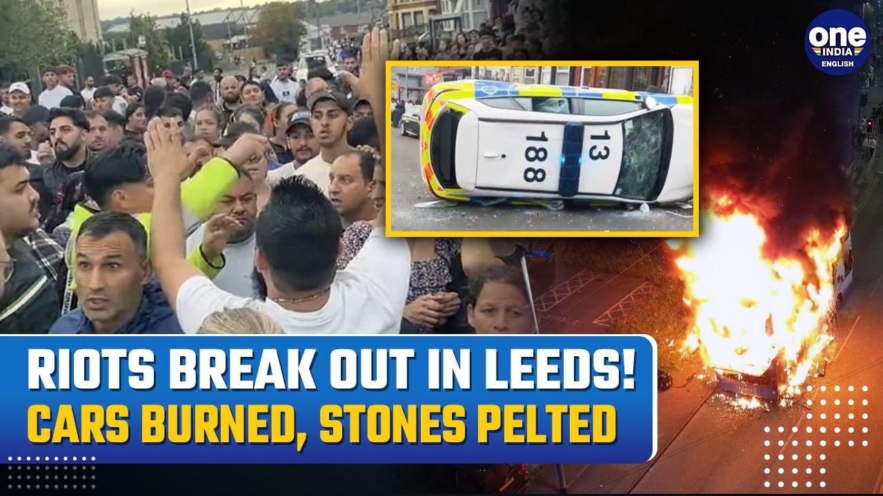 UK Leeds Riots: Rioters Torch Bus, Smash and Overturn Police Car with Pram and Rocks| Watch Video