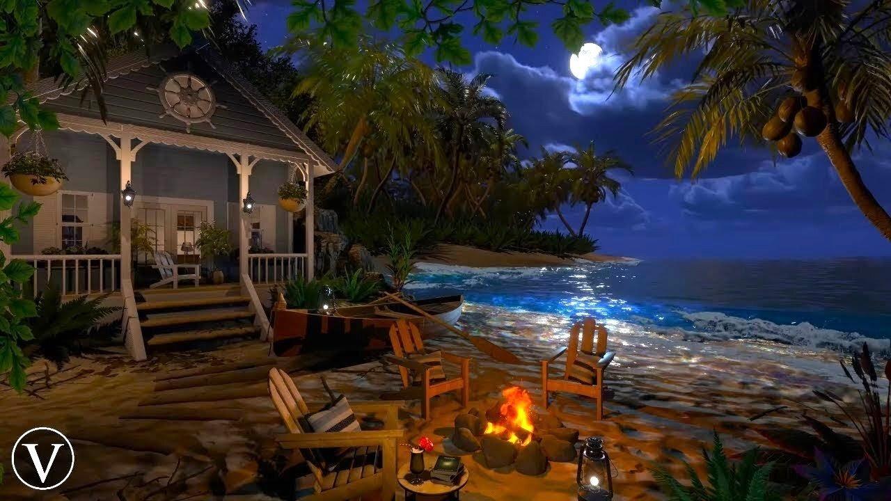 Cozy Beach House | Night Ambience | Campfire, Ocean Waves & Tropical Nature Sounds