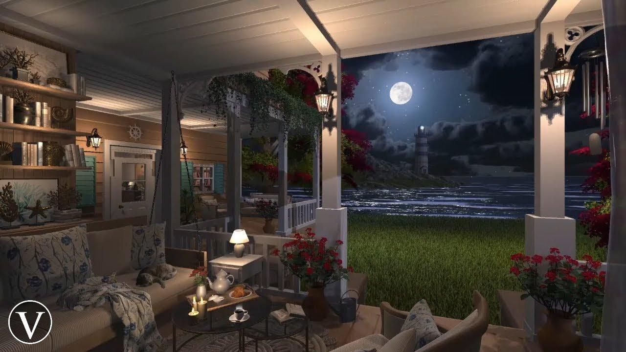 Coastal Cottage | Night Ambience | Wind Chimes, Ocean Waves & Nature Sounds