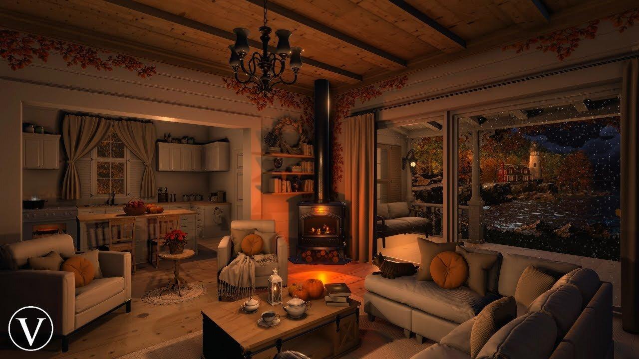 Cozy Autumn Cottage Interior | Night Ambience | Wood Stove Fireplace, Rain & Thunder Sounds