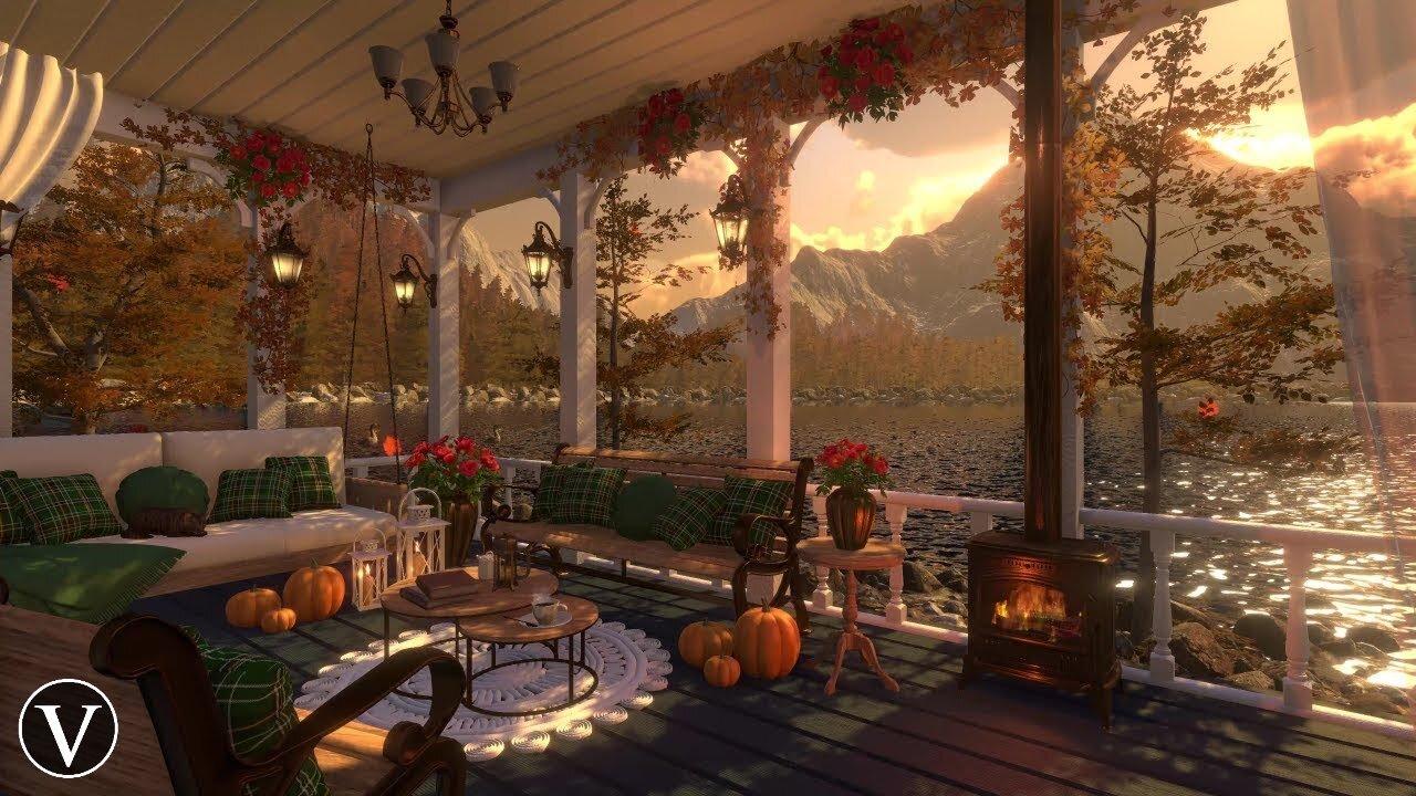 Autumn Porch Sunset Ambience | Calm Lakeshore, Firepit & Forest Nature Sounds