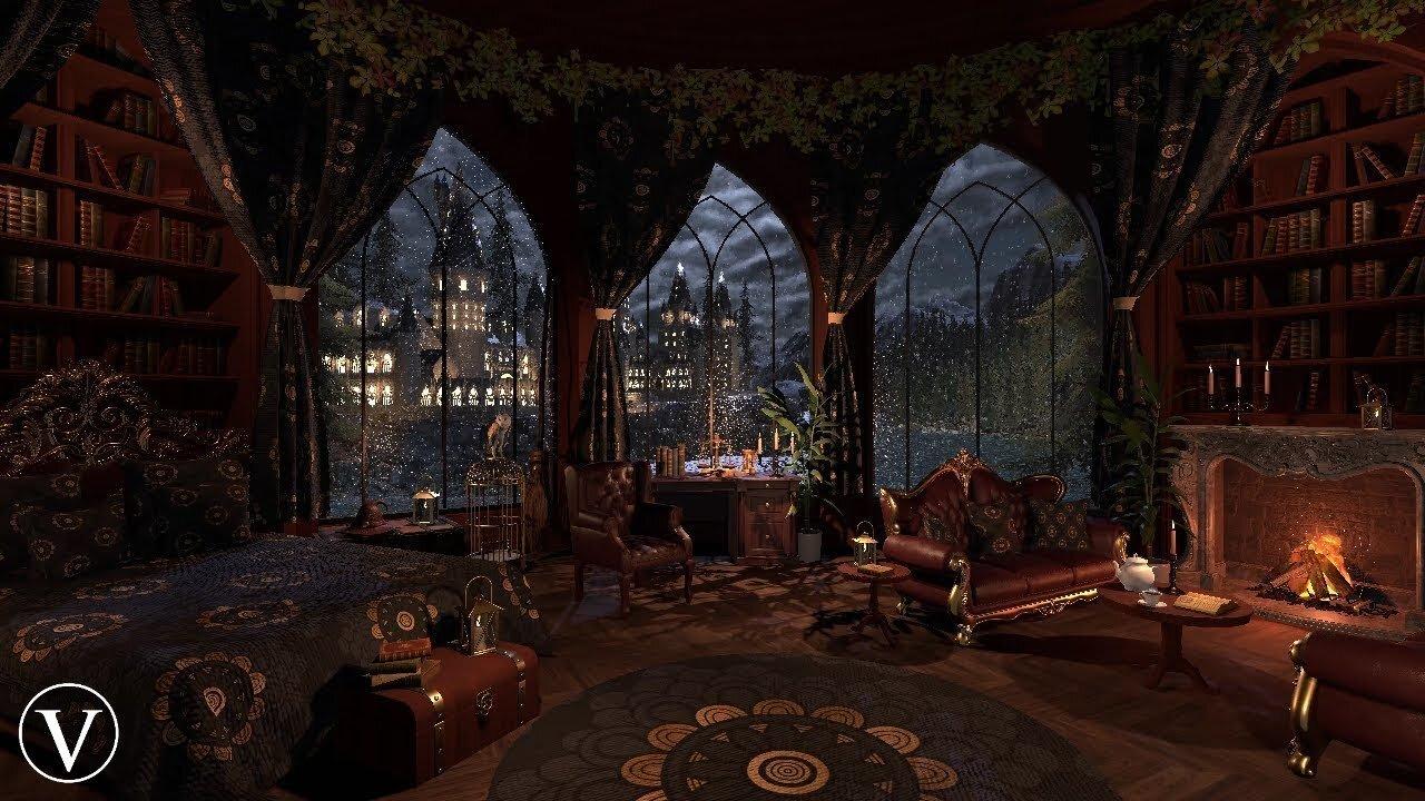 Stormy Hogwarts Library & Study | Night Ambience | Cozy Fireplace, Rain & Thunder Sounds