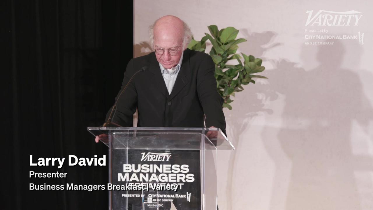 Larry David gives Matt Lichtenberg the Variety Business Manager Elite Award at Variety's Business Managers Breakfast