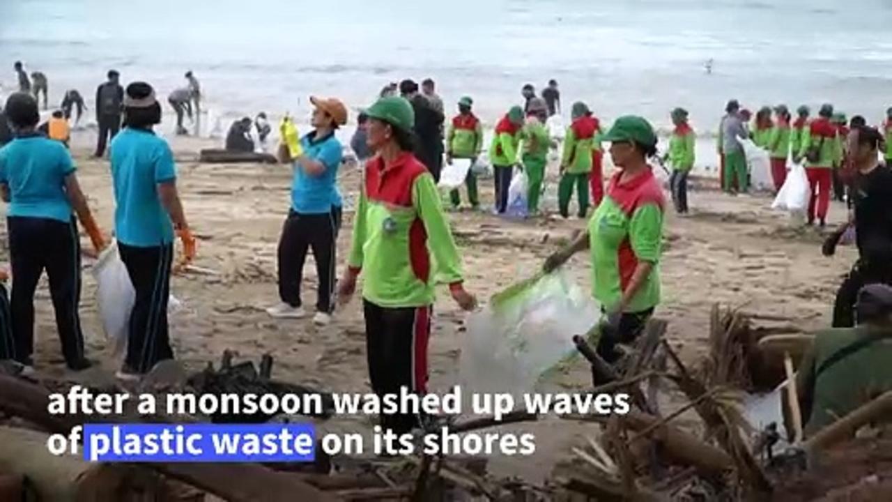 Volunteers clean up Bali's beach from monsoon-driven plastic pollution