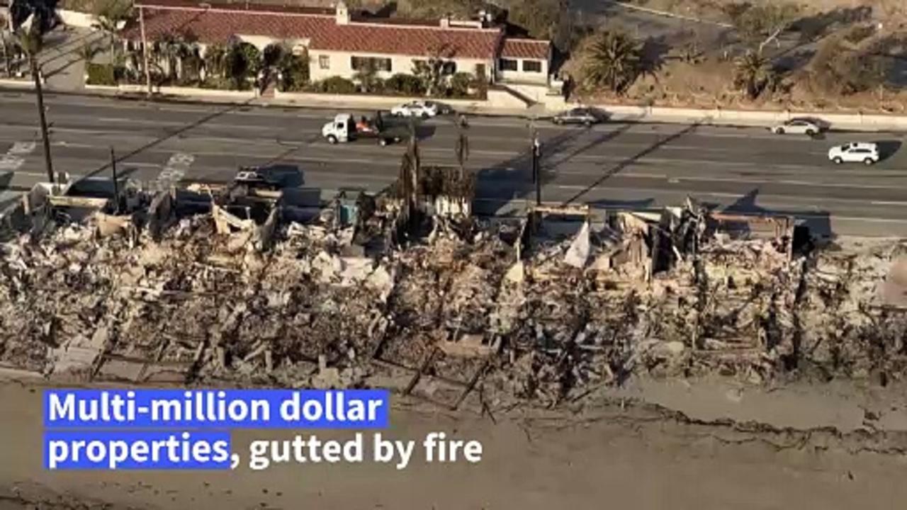 Burned down luxury houses along Pacific Coast Highway in Malibu