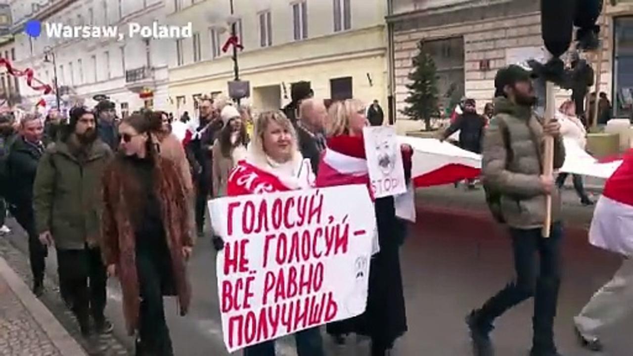 Exiled Belarusian opposition leader marches in Poland as Belarus holds presidential election