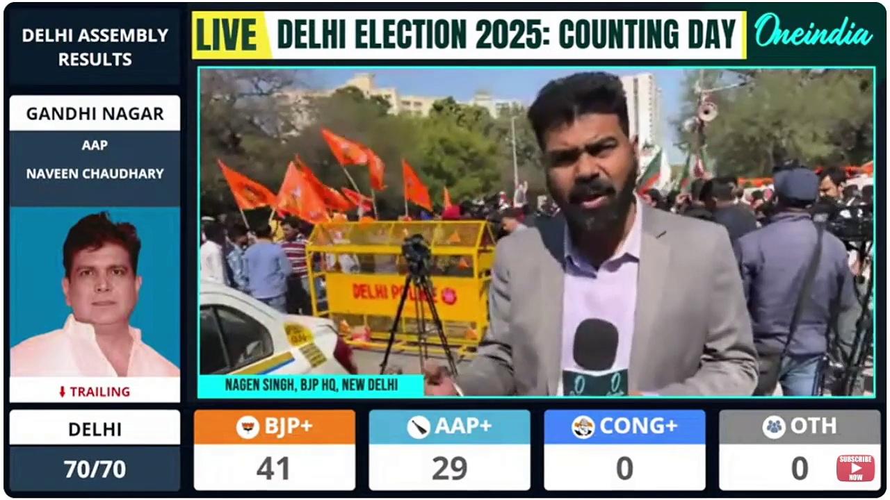 Delhi Poll Results 2025: Shree Ram Flags Soar in Celebration of BJP's Big Lead, Sweets Distribution